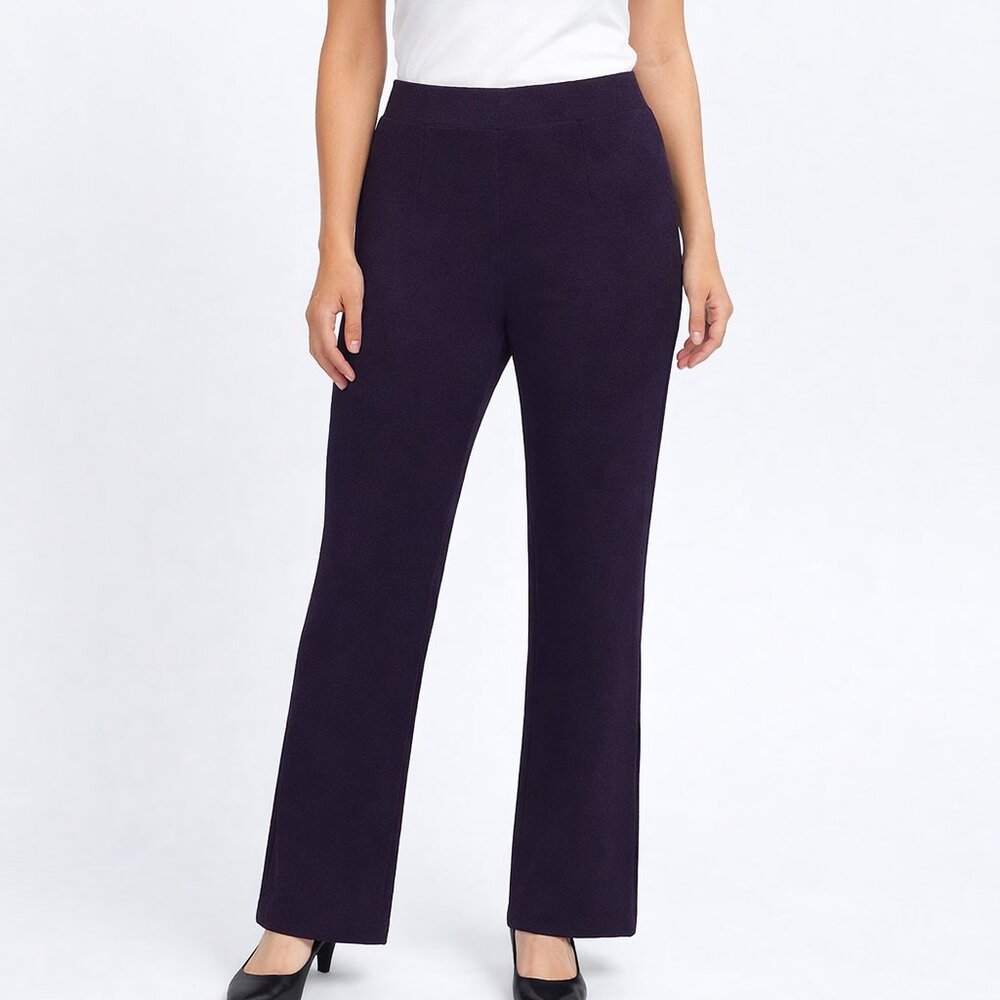 Misook M semi-Sheer Metallic Knit Pull-On Pants Dark Plum Navy Stretch Flare Leg